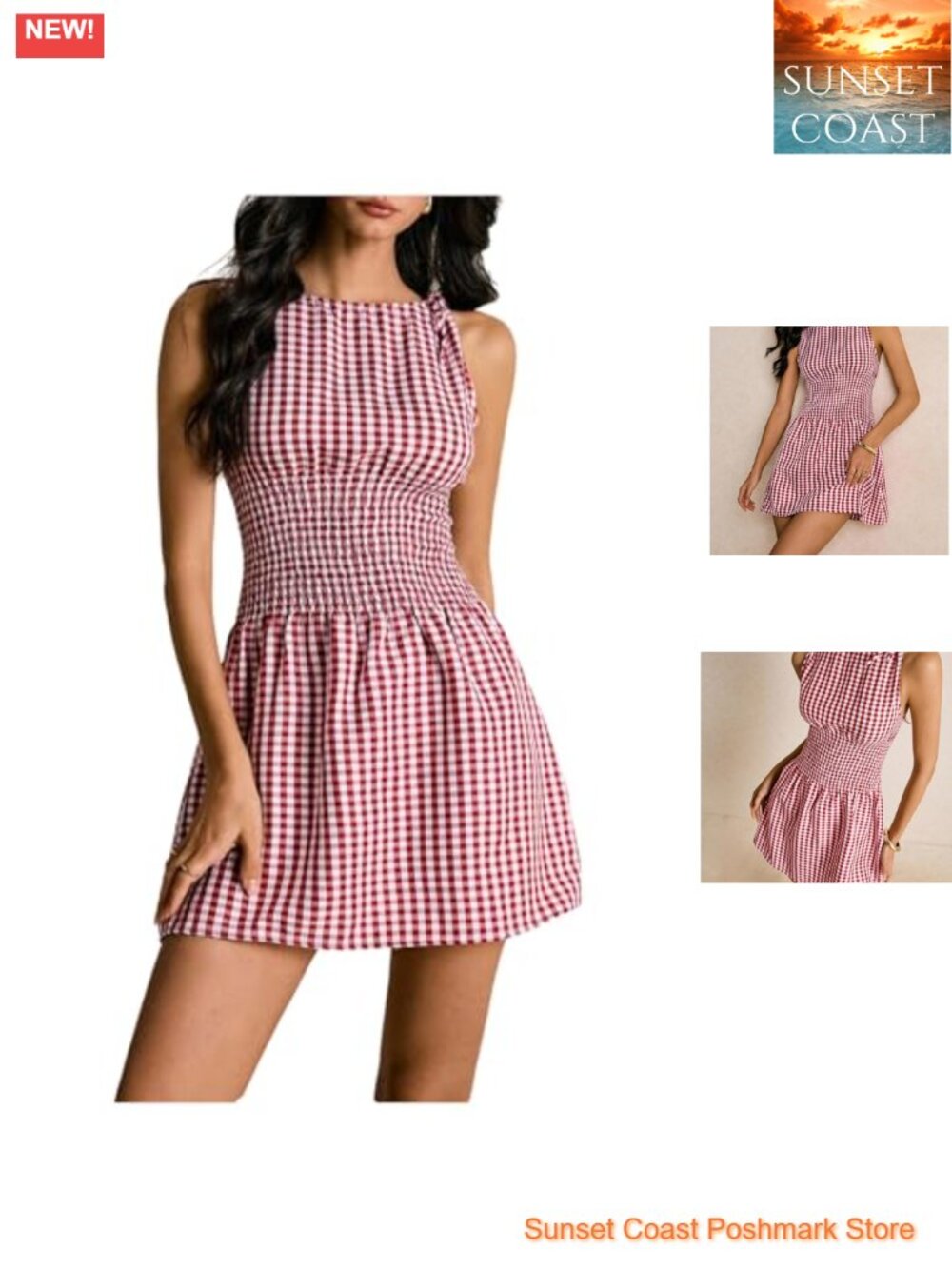 Gingham A-Line Mini Dress Sleeveless Tie Shoulder Flowy Summer